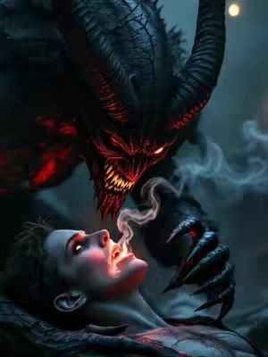 A digitally created image depicting a scene from hell. A large, monstrous figure with horns looms over a woman. The creature's face is a menacing composite of a demon, with glowing red eyes and a gaping mouth. The woman is lying with her head tilted back, and smoke is emanating from her mouth. The background is a dark, shadowy depiction of hell.