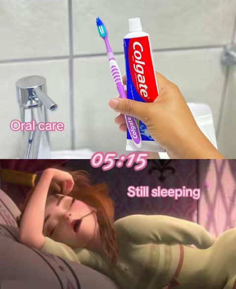 The cover image is split into two sections. The top features a bathroom setting with a silver faucet, a toothbrush, and a tube of Colgate toothpaste held by a hand. The bottom half shows a cartoon image of a woman in bed, with the text 'Still sleeping' overlaid. A digital clock on the image shows '05:15'.