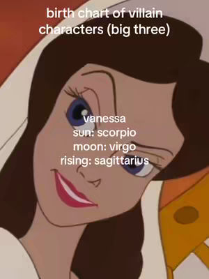 The image features an animated portrait of Vanessa, a character from Disney's The Little Mermaid. She is depicted in a close-up shot with a slight tilt, showcasing her face and upper body. Overhead, text overlays provide information about her astrological birth chart as a villain character. The color palette is soft, utilizing skin tones and light colors for the background and character. Additionally, another character's arm is partially visible on the right side, creating visual depth. The overall composition has a warm tone and a focus on the character's expression, drawing attention to the text and character details.