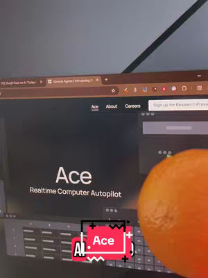 The cover image shows a laptop screen displaying the website for 'Ace', a realtime computer autopilot. An orange is visible in the foreground, partially obscuring the screen. At the bottom, a pink box containing the text 'AI Ace' is overlaid.