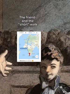 The image is a meme style illustration with an old painting aesthetic. In the foreground, a person of European descent looks towards the viewers in a contemplative manner. To the upper center, a rectangle with a map and tracking route overlaying some land, an idea of a long distance. The person on the left, whose features are not visible, is pointing towards the display on the center.