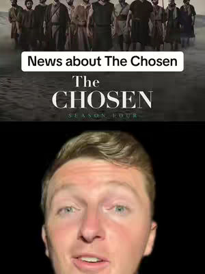 The cover photo is vertically split and features two distinct sections. The upper portion showcases a promotional image, including a group of individuals in period attire walking over a desert-like terrain, accompanied by the text 'News about The Chosen' overlaying the background. The lower section displays a close-up of a man's face, likely the creator of the video, set against a solid black backdrop. The composition uses high contrast and clearly separates the show promotion from the creator's personal presentation.