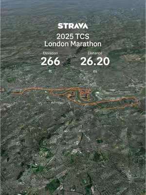 An overhead view of London, England, likely a screenshot from a map app. The image is dominated by shades of green, brown, and gray, representing the city and its surroundings. An orange line traces the path of the marathon, snaking through the city. Text overlays indicate the race details: Strava, 2025 TCS London Marathon, elevation and distance. The overall composition is clean and informative.