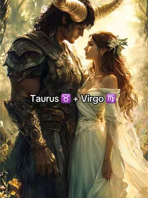 An artistic digital illustration shows a couple. A muscular figure with dark hair and bull horns is embracing with a woman with light hair wearing a gown. The text overlay has the zodiac signs.