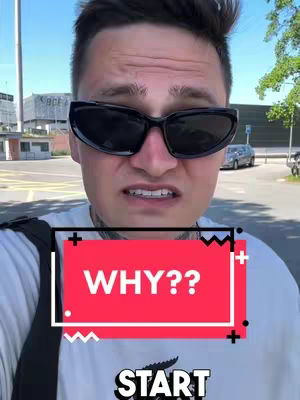 A man wearing dark sunglasses looks directly at the camera with a concerned expression. Overlaid on the image is a red box with the text "WHY??" and another text box at the bottom with "START". The background shows a street scene with buildings, greenery, and a parked car.