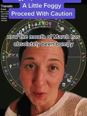 A woman with dark hair and fair skin looks directly at the camera, with a partly obscured astrological chart with various symbols behind her in the background. Text overlays read, "A Little Foggy," and "Proceed With Caution," arranged above her head within a purple background box. Additional text is overlaid at the bottom, partially obscured.