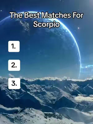 The image shows a planetary scene with a blue planet and a mountainous landscape at the bottom. Overlayed are numbered boxes and text stating 'The Best Matches For Scorpio'.