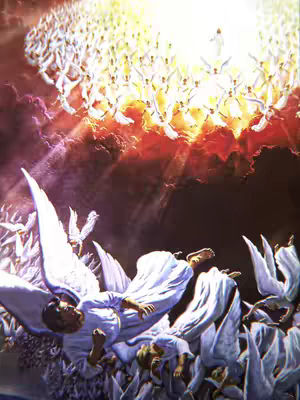 The image showcases a celestial scene with a multitude of angels descending from a bright, golden light. The foreground is filled with individuals in white garments and wings, looking upward. The composition is dominated by a gradient of colors, transitioning from bright gold and red at the top to darker shades at the bottom.