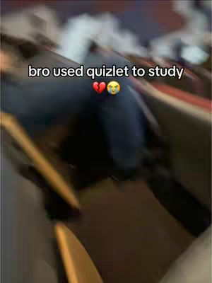 The cover image has a slightly blurred, low-angle view of a person sitting, focused on their lower body and a chair. Text overlayed says "bro used quizlet to study", with a broken heart emoji and a crying face emoji. The color palette appears muted, with shades of brown and blue dominating the scene.