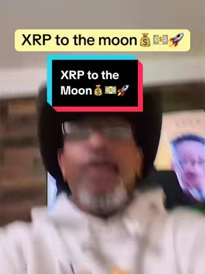 A man wearing glasses and a hat is the subject in a blurred selfie-style image. Above him are two text boxes: one light yellow containing the words, "XRP to the moon💰💵🚀;" the second is a darker rectangle with colored text, also saying "XRP to the Moon💰💵🚀."