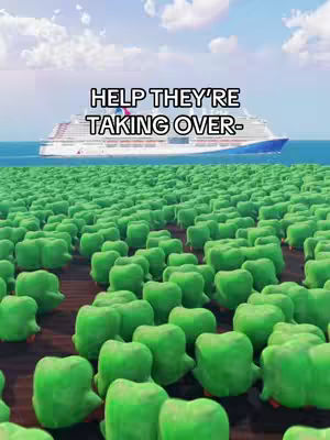 A whimsical, surreal image featuring a cruise ship set against sky, floating above green alien-like entities, creating a strange and imaginative scene.