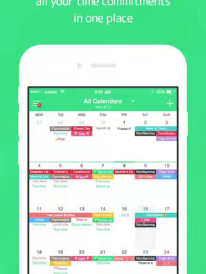 The cover image is a screenshot of a mobile phone displaying a calendar app. The phone is white, with a green background. The top of the phone has a display showing the time, battery percentage, and signal strength. The app interface features a weekly calendar view with color-coded entries. The calendar displays dates of May 2015. The layout is clean and organized.