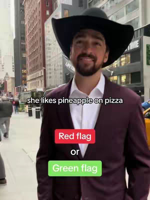 A man smiles confidently, wearing a hat, suit jacket, and a white shirt. The background features a city street with buildings and a sidewalk. Text overlays are present, posing a question and offering a choice of responses.