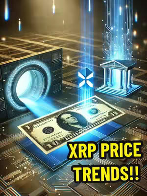 A digital artwork featuring a stylized dollar bill with a portrait of Benjamin Franklin, overlaid on a blue circuit board design. From the left side of the image, a futuristic chamber-like structure emits a bright blue light, which illuminates the dollar. In the background, a stylized representation of the XRP logo and a neoclassical-style building are depicted. The text 'XRP PRICE TRENDS!!' is prominently displayed in a bold, yellow font at the bottom.