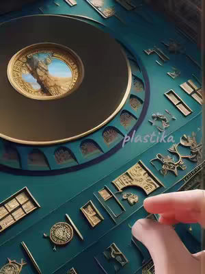 An artistic rendering of a detailed, ornate circular design on a teal surface. A central, circular element features a framed landscape with a blue sky and desert-like terrain. Surrounding this are elaborate gold accents, including a series of differently shaped, golden elements arrayed across the surface, with some appearing like architectural details. A hand, with a skin color, enters the frame from the right, interacting with these elements.