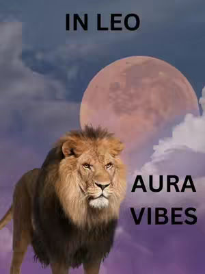 The cover image features a lion in the foreground with a large, pinkish-red moon in the background, set against a cloudy sky. Above the lion is the text "IN LEO," and below the moon and lion is the text "AURA VIBES". The overall composition has a mystical, astrology-themed aesthetic.