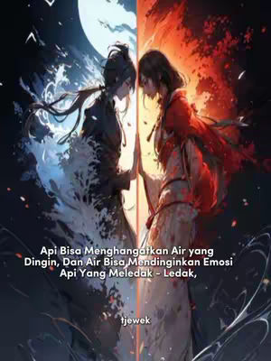 An AI-generated image split vertically, showcasing two figures, one representing fire and the other water, leaning towards each other. The fire side is in shades of red and orange, with swirling patterns, while the water side is in blues and whites with similar fluid designs. The background has a large, glowing crescent moon. Text overlays in white.