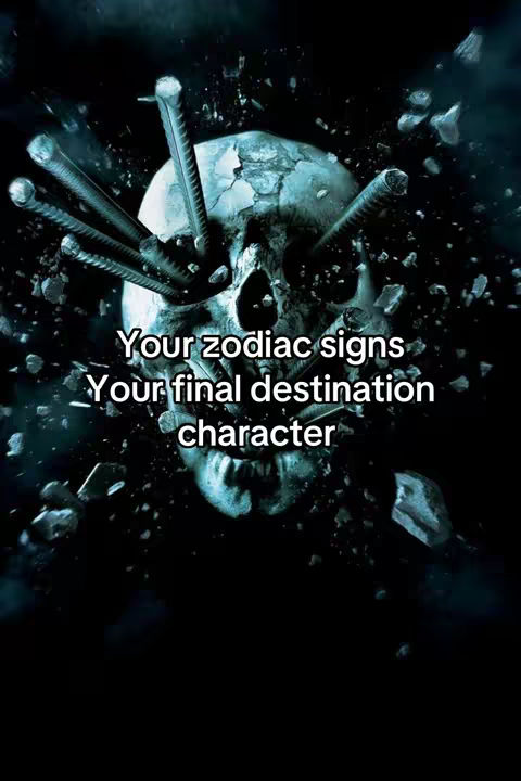 The cover image shows a skull with large metal rods piercing it. The background fades from dark blue to black, and there are shards of debris floating around. Text overlay indicates content on zodiac signs and final destination characters.
