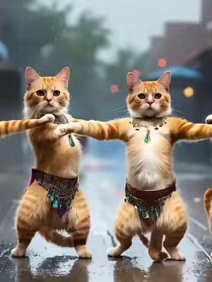 The image shows two orange tabby cats in a street setting, posing in a synchronized dance. They are standing with their arms outstretched, as if in a ballet or theatrical performance. The cats are wearing decorated jewelry and belts with tassels. The background is blurred, suggesting movement or a shallow depth of field, with rain falling, and lights, indicating a night setting. The overall composition is playful and whimsical.