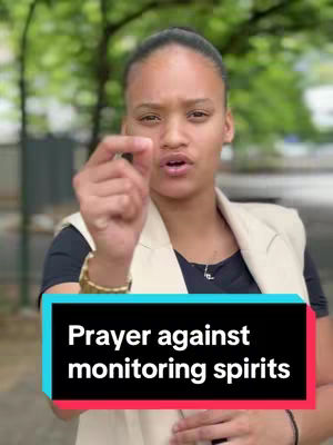 The cover image features a woman holding her hand up near her face. A black rectangle that says "Prayer against monitoring spirits" in white text overlays the image.