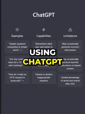 The cover image features a dark background with a layout presenting information about ChatGPT. Key sections are labeled 'Examples,' 'Capabilities,' and 'Limitations,' each accompanied by relevant text boxes and icons. The text 'USING' and 'CHATGPT' is prominently overlaid.