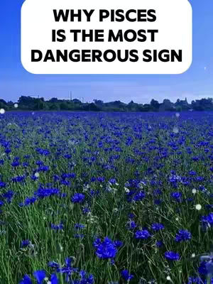 The image features a field of blue flowers under a clear sky. A banner overlay at the top shows text about the zodiac sign Pisces.