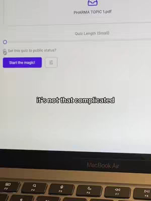 The image shows a laptop screen displaying a quiz creation interface. The screen is predominantly white, with text and buttons in a professional layout. At the top, the PDF file name is visible. The bottom of the image shows the MacBook Air keyboard.