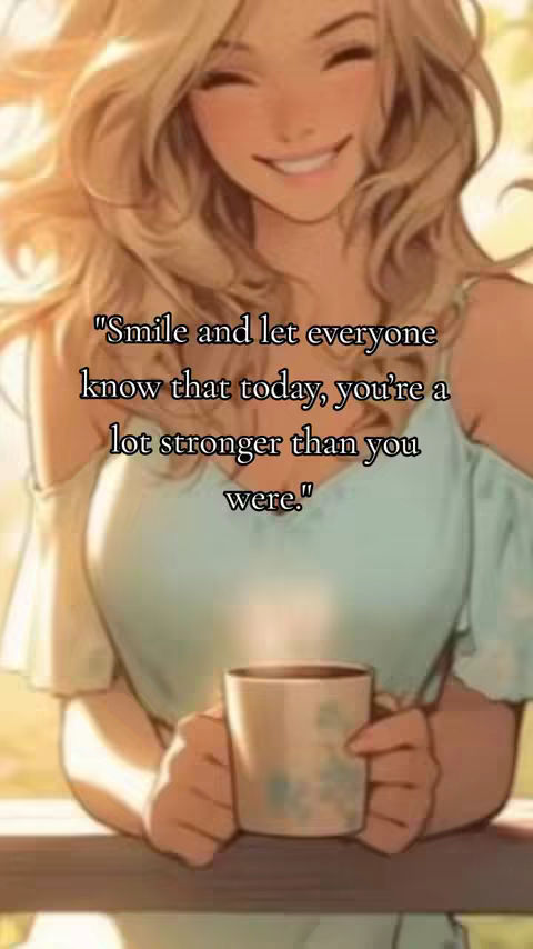 An anime-style illustration of a woman with long blonde hair, smiling gently. She's holding a mug, and text overlays the image with a motivational quote.