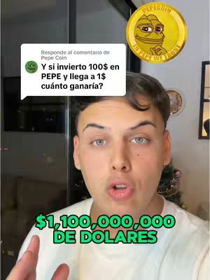 A young man with light skin is speaking, with a speech bubble questioning the profit of an investment in Pepe Coin. Above the man is a Pepe coin. Below him is text in green with a dollar amount.