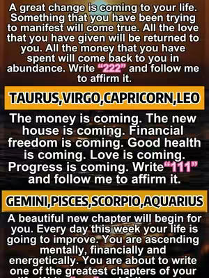 The image is a vertical graphic with a gradient background of dark red and yellow, transitioning from bottom to top. Overlaid are several text blocks with different colors and fonts. The top section features white text conveying inspirational messages. Below that, a gold rectangular banner highlights astrological sign groupings like 'TAURUS, VIRGO, CAPRICORN, LEO'. Further down, another gold banner lists 'GEMINI, PISCES, SCORPIO, AQUARIUS'. The text is bold and uses a clean sans-serif font. The layout is simple, focusing on readability and clear messaging.