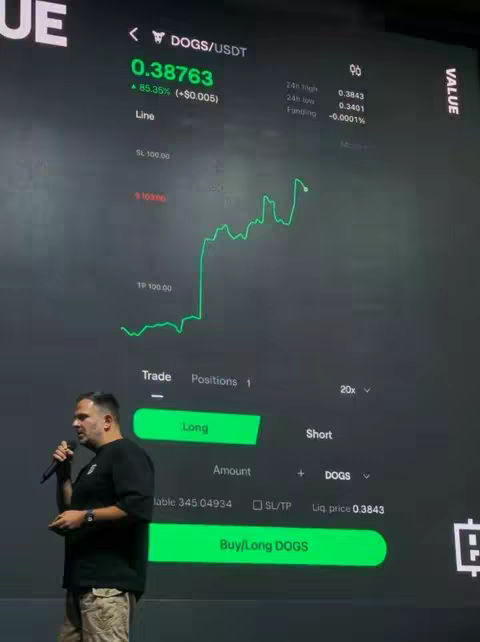 A man stands in front of a large screen displaying a crypto trading interface. The screen shows a chart of DOGS/USDT, with price and trading information. The man is holding a microphone and appears to be presenting or explaining the data.