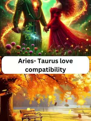 The cover image is divided into two main sections. The top half features a fantastical illustration of two figures, possibly representing Aries and Taurus, holding hands, surrounded by a fiery, ethereal glow. The figures are depicted in detailed, dreamlike attire. The lower half presents a fall landscape with a bench, a tree with orange leaves and a body of water.