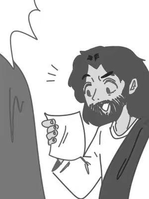A grayscale illustration depicts a surprised Jesus holding a piece of paper, with a speech bubble-like shape emerging from a dark, textured object in the background. Jesus, who appears to be a cartoonish representation, is shown with long, wavy hair, a beard, and an open mouth, conveying surprise or amusement. He is dressed in a robe and is holding a paper that he is looking at, adding to the humorous nature of the image.