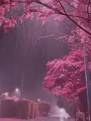 The image captures a night scene in a pink hue. Rain is falling, creating a soft blur effect. Pink cherry blossom trees frame the view, and streetlights illuminate a wet road. The composition is moody and atmospheric.