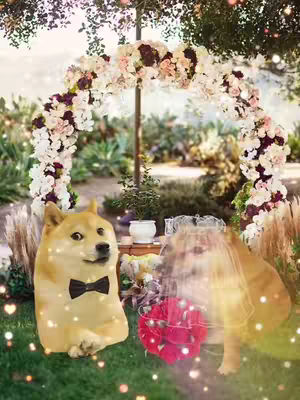 An image depicting a marriage proposal scene. Two Shiba Inu dogs are the subjects, resembling a bride and groom. The background is a garden setting with a floral arch, and festive decorations such as bokeh effects and heart shapes complete the romantic setting.