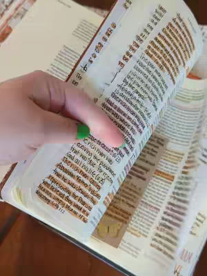 A hand, with a green nail, holds open pages of an open Bible. The pages are filled with text, some of which is highlighted in a pale orange color. The hand is positioned on the left side of the frame, and the Bible is oriented towards the right, with some pages visible in the background. The lighting appears soft and natural, casting gentle shadows on the pages.