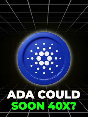 The cover image features the Cardano (ADA) logo, a blue circular design with white dots, set against a dark, grid-like background. The text overlay suggests a potential financial increase.