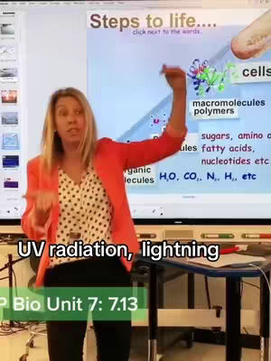 A woman stands in front of a whiteboard. She is wearing a red blazer, over a white blouse with black polka dots, and black pants. The background includes text on the whiteboard and a black table. The hook text, "UV radiation, lightning," is at the bottom and Bio Unit 7: 7.13 below it.