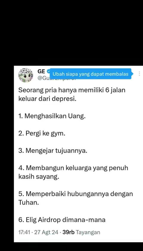 The image shows a social media post with a list of six ways to deal with depression in Indonesian. It includes the profile information of Ge, a verified account. The text is laid out in a clean, readable format, with each point numbered and separated for clarity. The background appears to be a simple white.