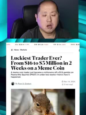 A man with a concerned expression is displayed in the top portion of the image, and a screenshot of a news article about a meme coin in the bottom half. The news article has a picture of a squirrel eating in the article.