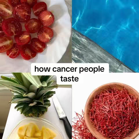 The image is a collage composed of four quadrants, each featuring a different element. The top-left quadrant displays sliced red cherry tomatoes on a white plate. The top-right shows a portion of a blue swimming pool, with sunlight reflecting off the water. At the bottom-left quadrant, there's a partially cut pineapple with a knife beside it, and some sliced pineapple in a bowl. The bottom-right displays a close-up of saffron threads in a small, dark wooden bowl. A white box in the center, overlaid on the collage, contains the text 'how cancer people taste'.