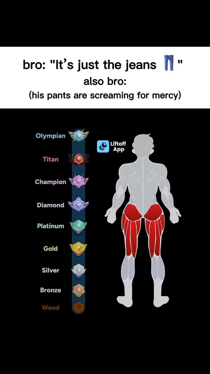 The cover image is a black background. A white graphic depicts a muscular body with the leg muscles highlighted in red. To the left of the body graphic are various achievement badges. The top left of the image has text overlaying that says, "bro: 'It's just the jeans' Also bro: (his pants are screaming for mercy)". A logo for a 'Liftoff App' is in the top right corner.