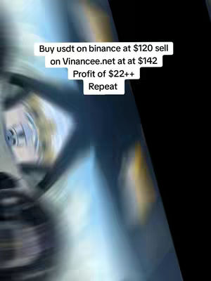 A blurred image with a text overlay describing a cryptocurrency trading strategy. The background appears to be an abstract blend of dark and light blues, with a suggestion of metallic elements, possibly gears or machine components. The text overlay is in a white box and provides details on buying and selling USDT on different platforms to profit from arbitrage.