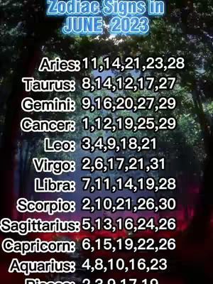 The image shows a list of zodiac signs with corresponding dates for June 2023, set against a blurred background of trees. The text is white with a neon blue glow effect, making it stand out against the dark backdrop.