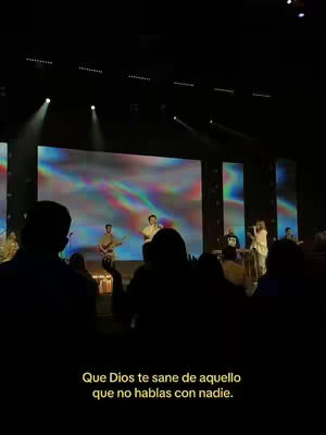 A concert stage is shown with a large screen in the background, displaying abstract colorful patterns. Silhouetted figures of the audience fill the foreground and people on stage are performing. Text is overlaid at the bottom.
