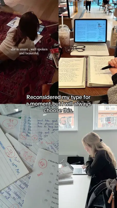 The image is a split collage showing four scenes. Top left shows a woman lying on a patterned rug, studying with a tablet. Top right features a person working at a table in a cafe with a laptop and notes with a drink. Bottom left shows graded papers. Bottom right shows a woman studying with a laptop in front of her.