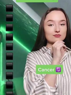 A young woman appears in the frame, positioned slightly right of center. She wears a striped shirt and has her right hand resting on her chin. Behind her is a green wall with what appears to be some sort of lighting effect, and to her left side, there’s a column of black squares. A green rectangle with text reads ‘Cancer ♋’ below her. The image has a well-lit, modern aesthetic.