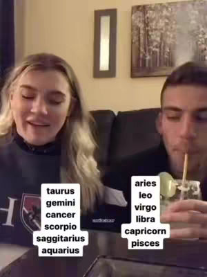 A split-screen image showing two individuals, a woman on the left and a man on the right, each holding a list next to them with zodiac signs, a drink and a wall with paintings behind.