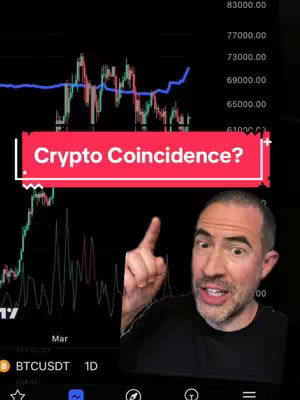The cover image shows a man pointing upwards and to the side, with a crypto graph in the background and a red box with the text 'Crypto Coincidence?'. The man is centered, wearing a black shirt, and has facial hair. The chart shows fluctuations alongside numbers on the right, indicating price changes. The layout is composed with the man and chart as main visuals against a dark background.