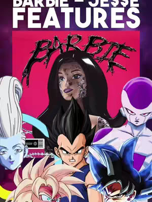 The cover image features a stylized collage with a central figure resembling a doll with tattoos and black hair, superimposed on a pink background. Surrounding the central figure are animated representations of characters from the Dragon Ball franchise, including Vegeta, Frieza, Goku, Gohan, and Whis. The text overlay reads 'BARBIE - JESSE FEATURES'.